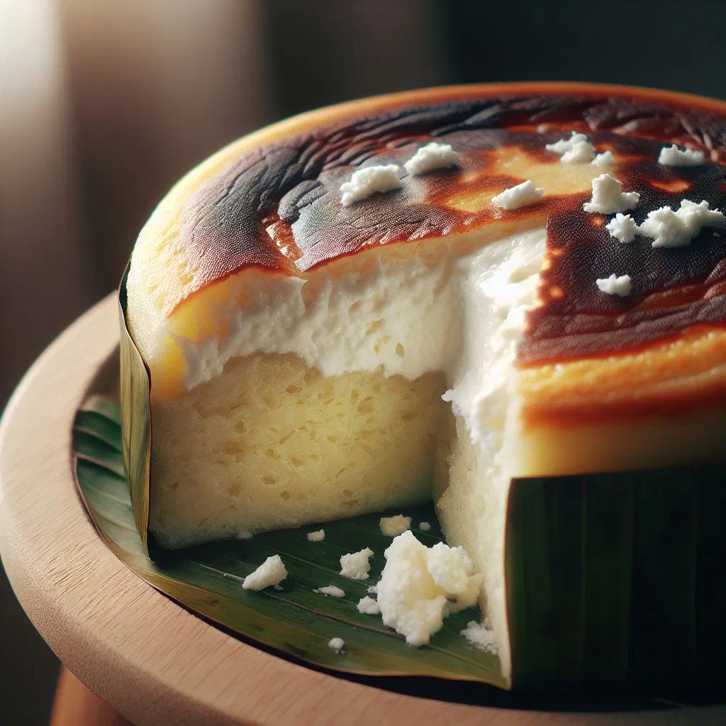 Bibingka rice cake baked in banana leaves and topped with grated coconut