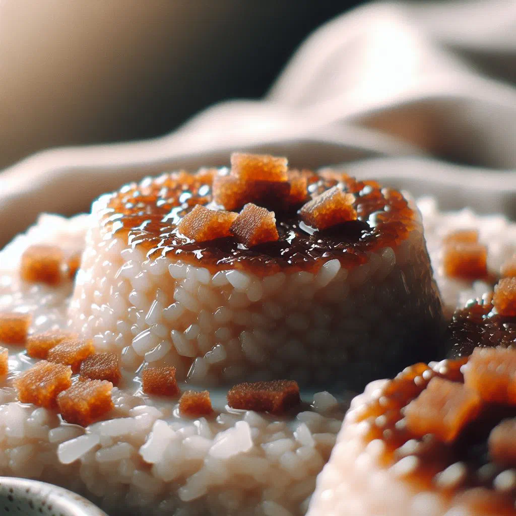 Slices of biko sticky rice cake topped with toasted coconut