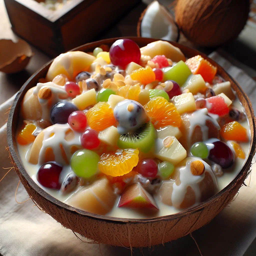 Creamy buko salad with young coconut and tropical fruit in a bowl