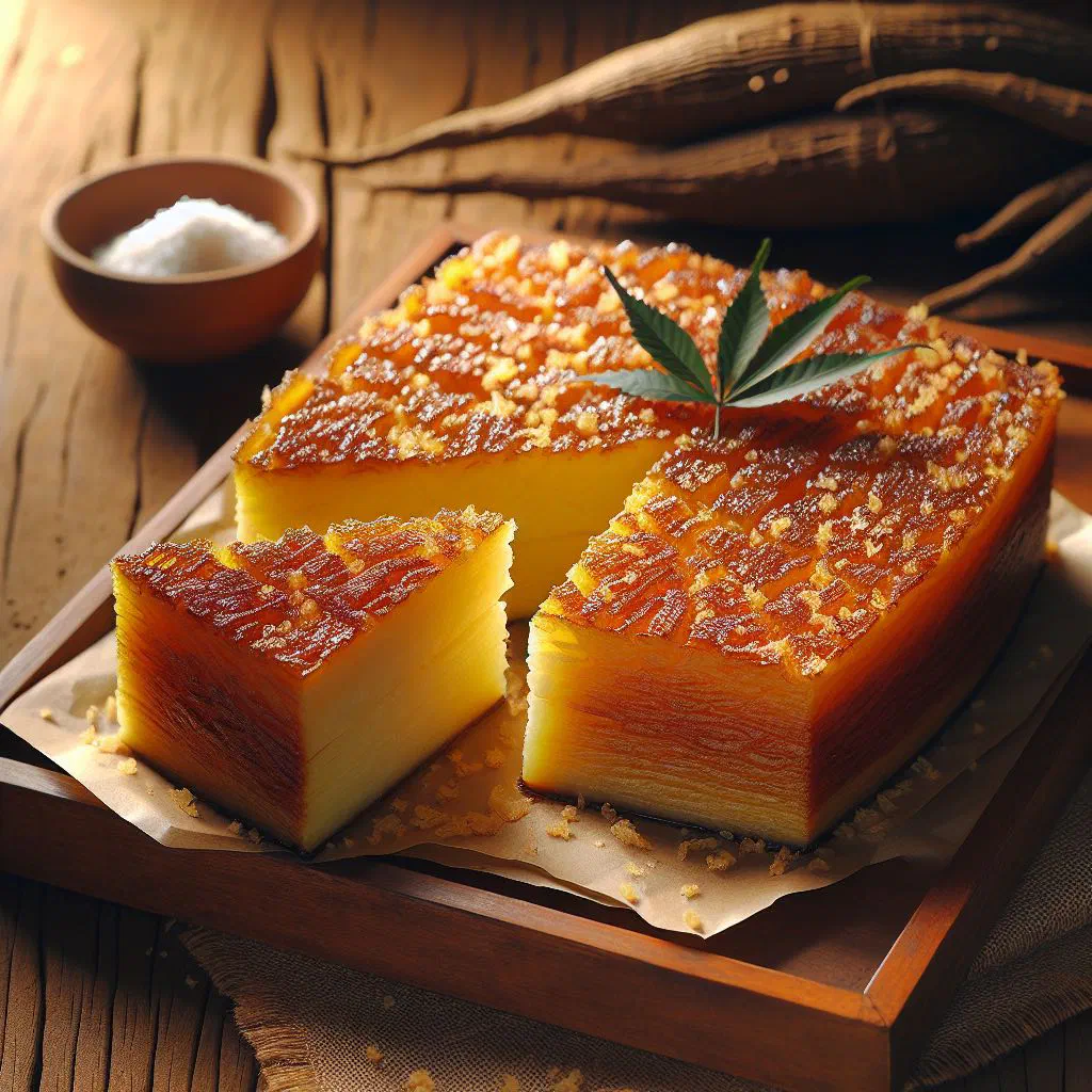 Golden baked Filipino cassava cake topped with grated coconut