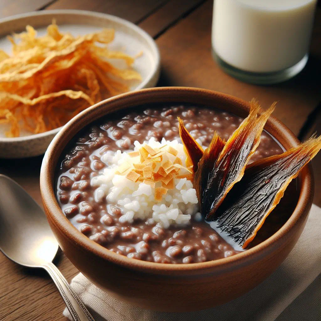 Bowl of chocolate rice porridge served with salty dried fish