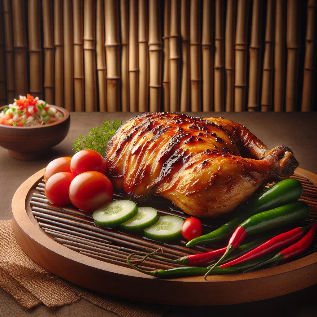 Grilled chicken inasal garnished with fresh herbs and served with rice