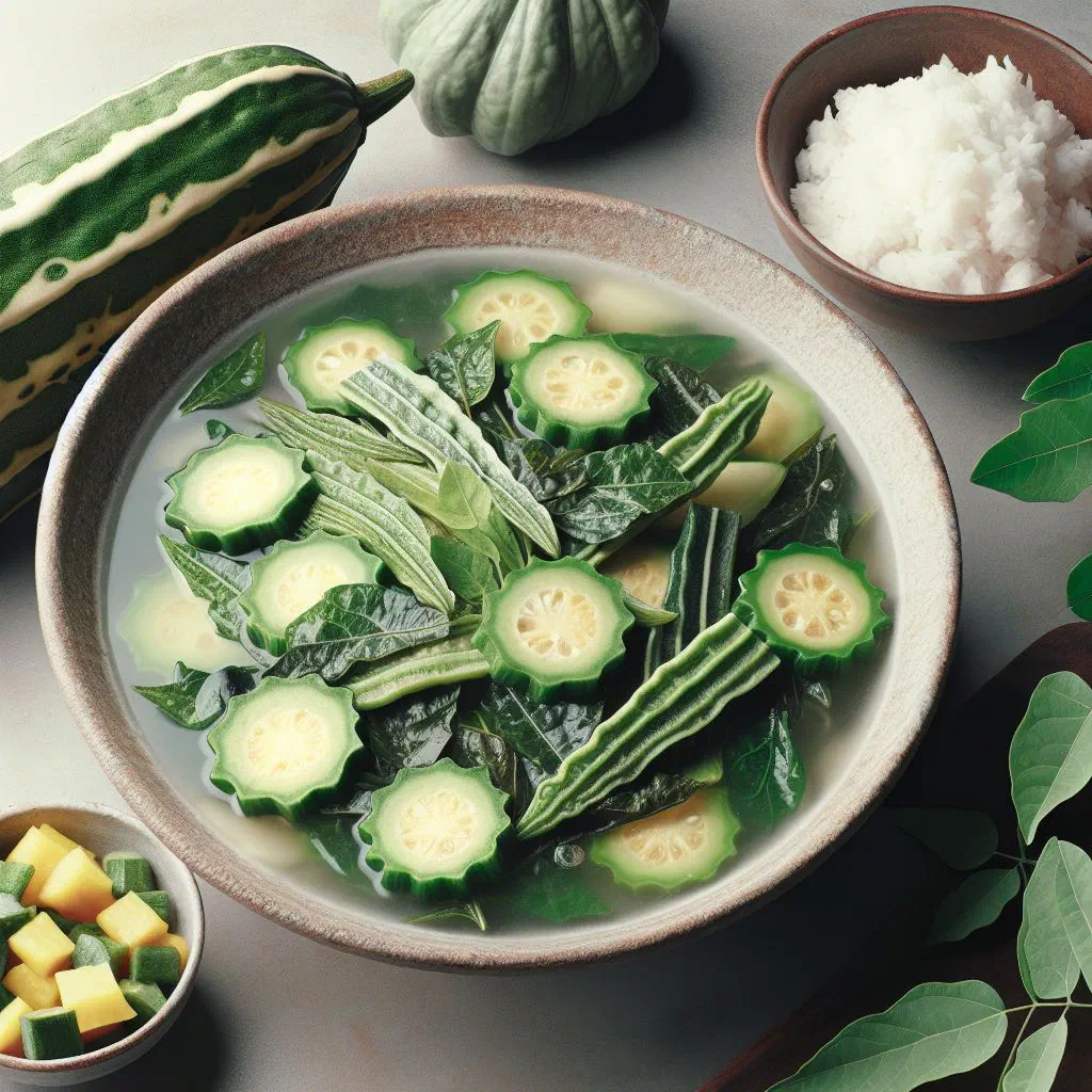 Bowl of dinengdeng with okra, luffa and leafy greens in a light broth