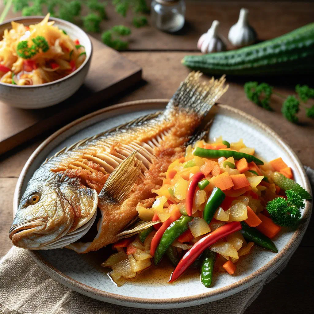 Crispy fried tilapia fillets served with a side of tangy atsara
