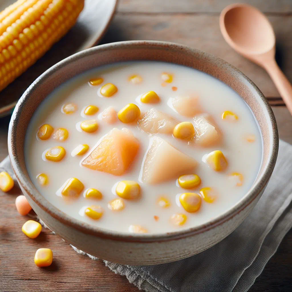 A warm bowl of ginataang mais with sweet corn in creamy coconut milk