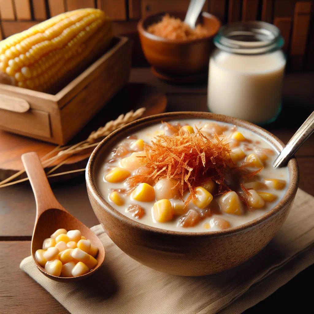 Creamy coconut rice pudding with sweet corn topped with golden latik