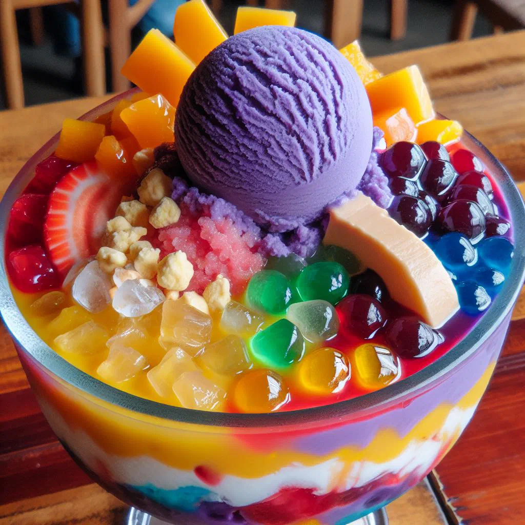 Tall glass of halo-halo layered with shaved ice, fruit, sweet beans and condensed milk
