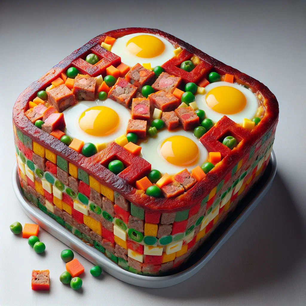 Baked Filipino hardinera meatloaf garnished with vegetables in its mould
