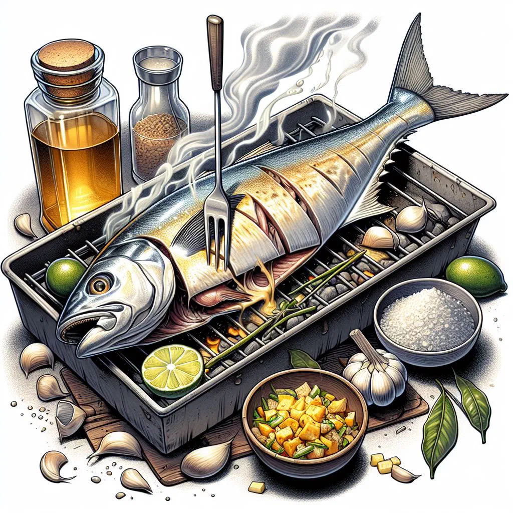 Grilled milkfish garnished with fresh coriander and lime wedges