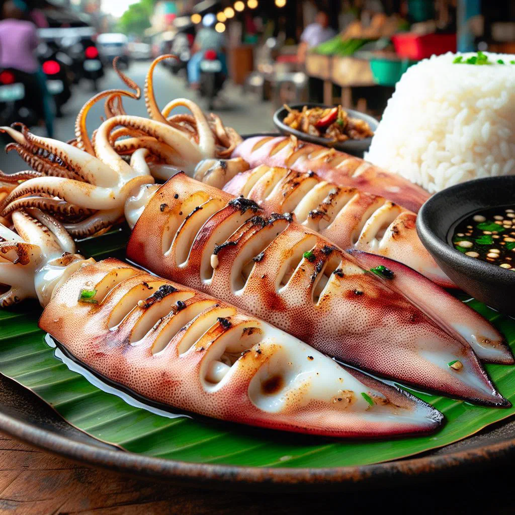 Grilled squid on a plate garnished with fresh coriander