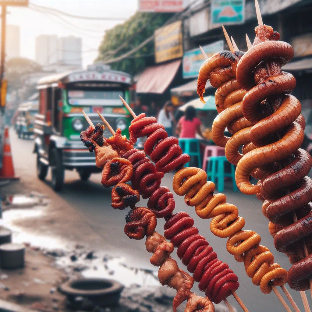 Grilled isaw skewers brushed with marinade, served with a spicy dipping sauce