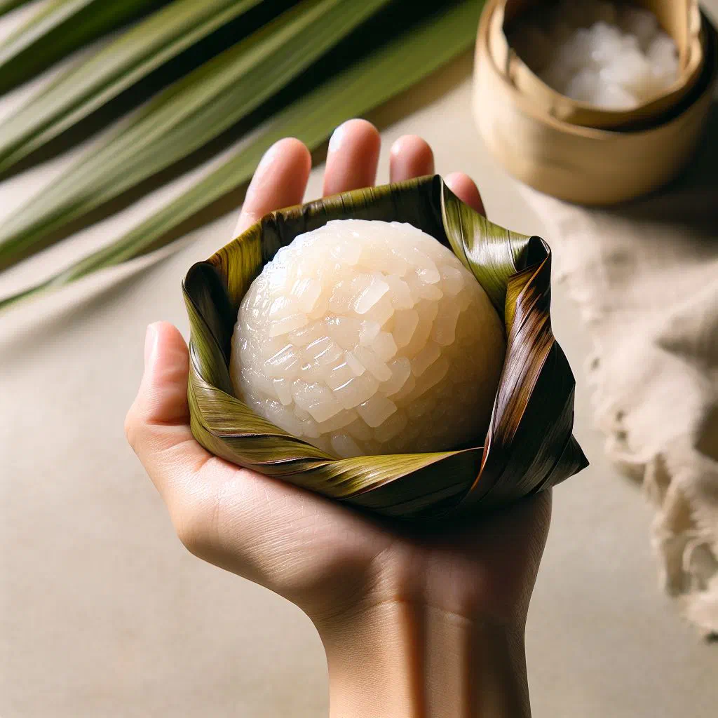 Round steamed glutinous rice cakes on a banana leaf