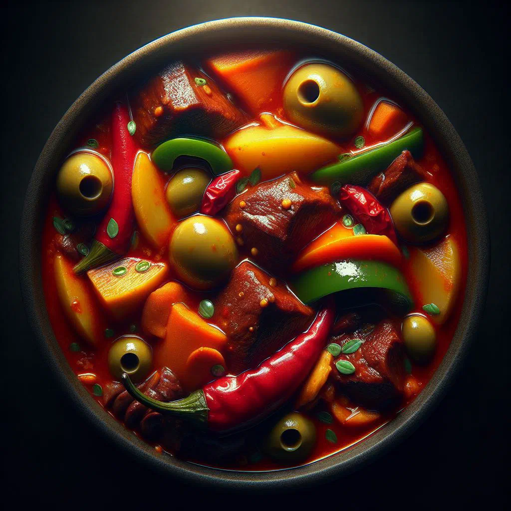 Filipino kaldereta beef stew with potatoes, carrots and red peppers in a rich tomato sauce