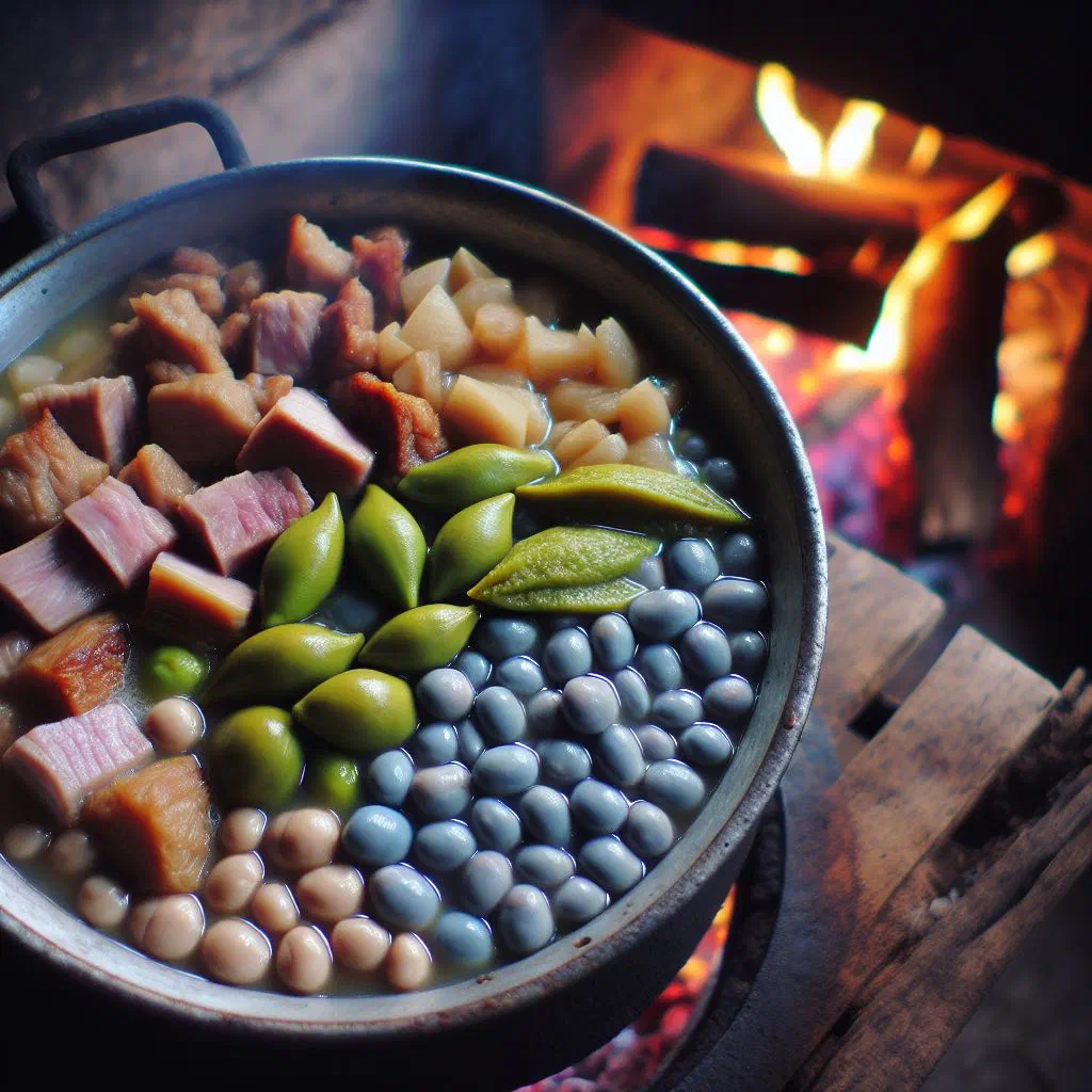 Hearty Filipino KBL stew with pork, pigeon peas and jackfruit in a bowl