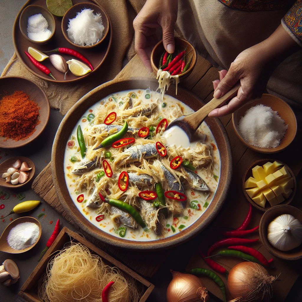 Kinunot fish simmered in creamy coconut milk with leafy greens