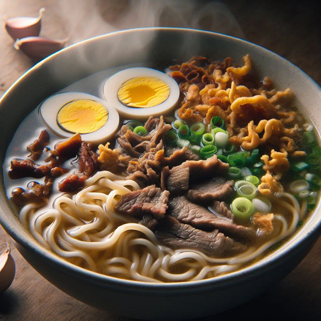 Bowl of La Paz Batchoy noodle soup topped with pork, egg and spring onions