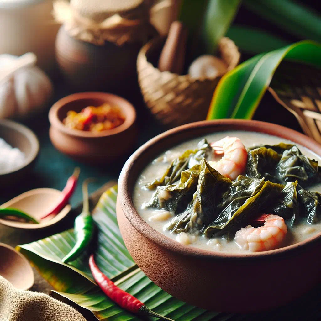 A bowl of laing with dried taro leaves simmered in creamy coconut milk and red chillies