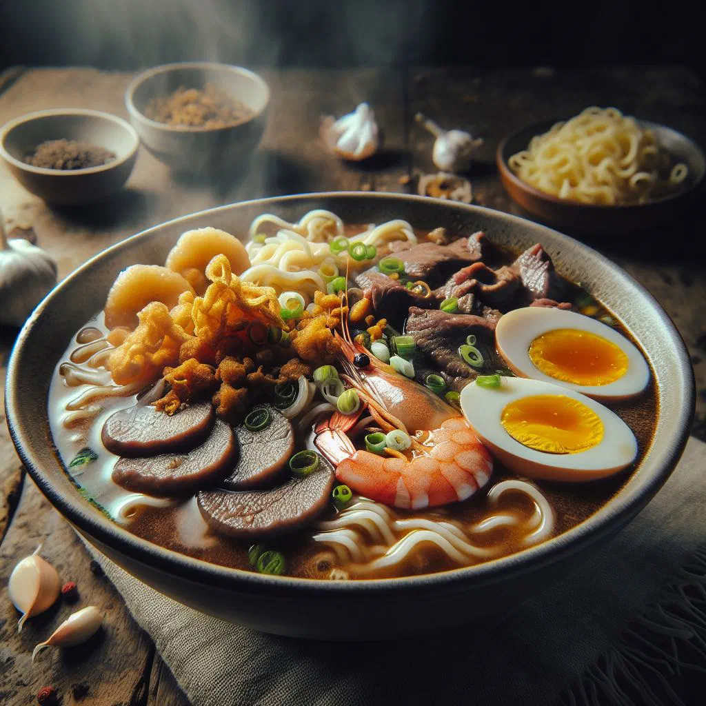 A steaming bowl of Lomi Batangas noodle soup garnished with spring onions