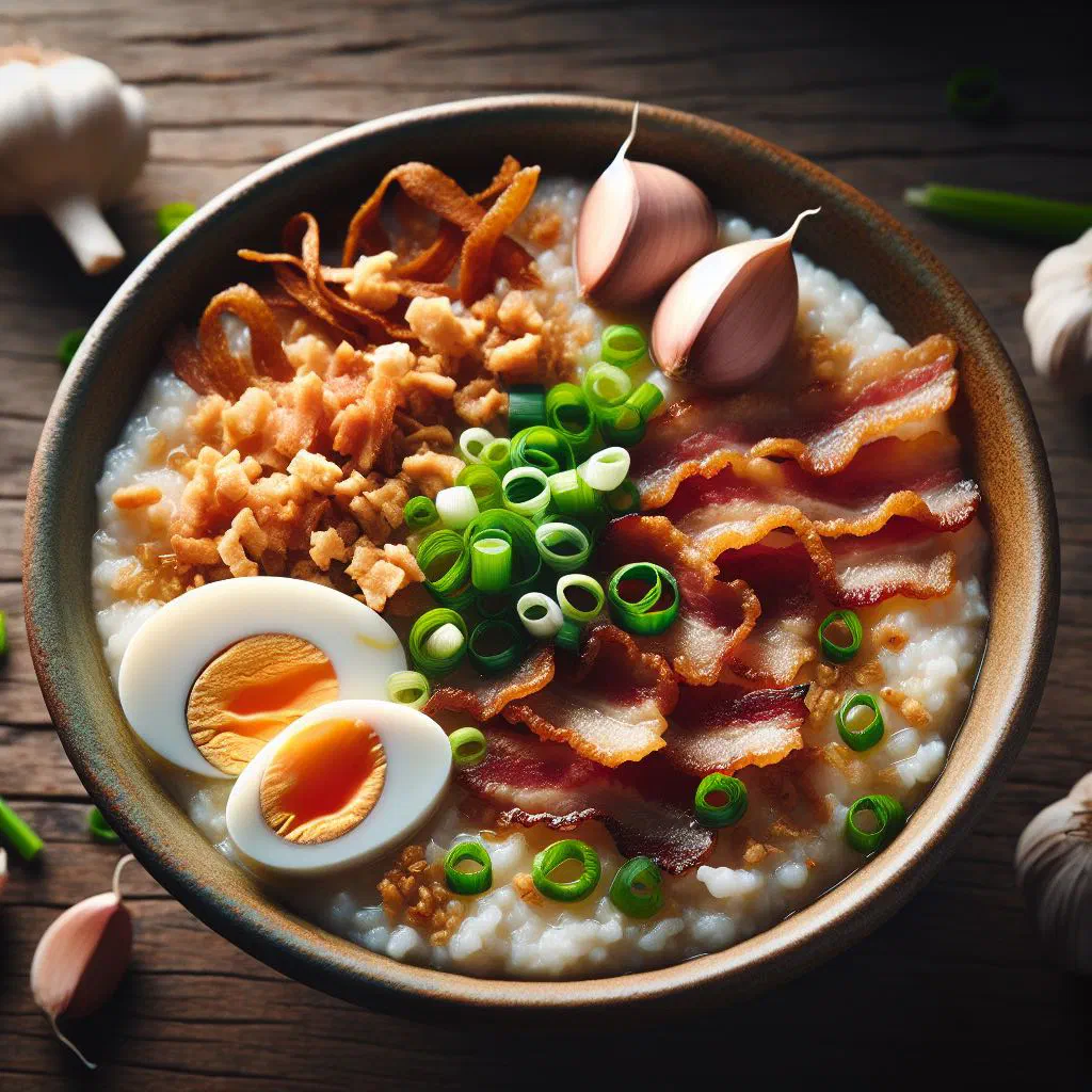 A steaming bowl of Filipino lugaw rice porridge topped with spring onions