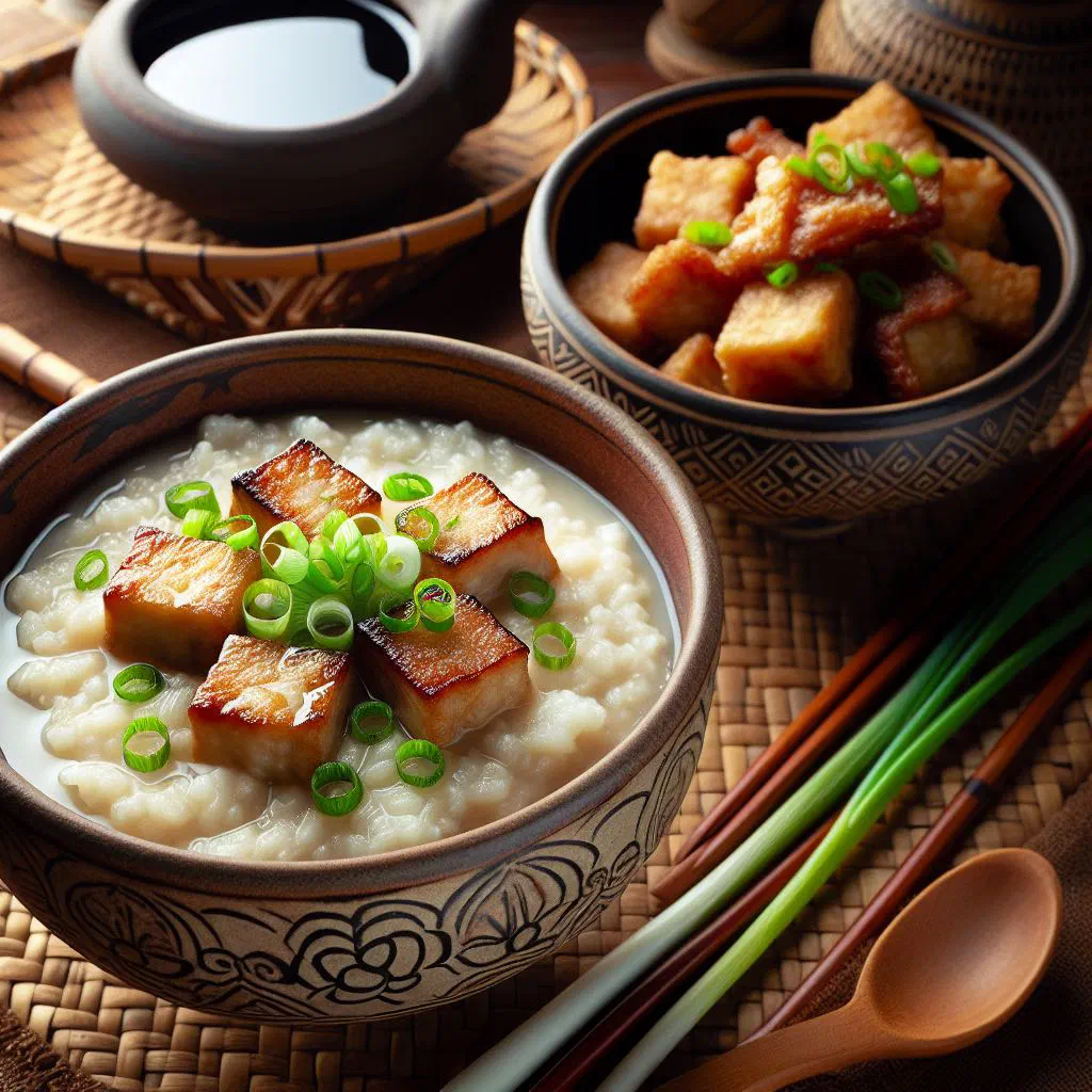 A bowl of creamy Filipino rice porridge topped with fried tofu, pork and spring onions