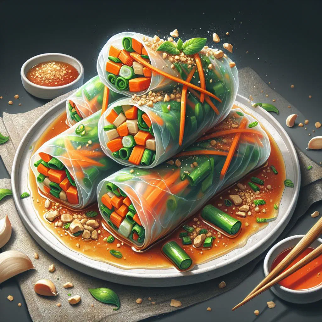 Fresh Filipino spring rolls with peanut sauce and chopped vegetables