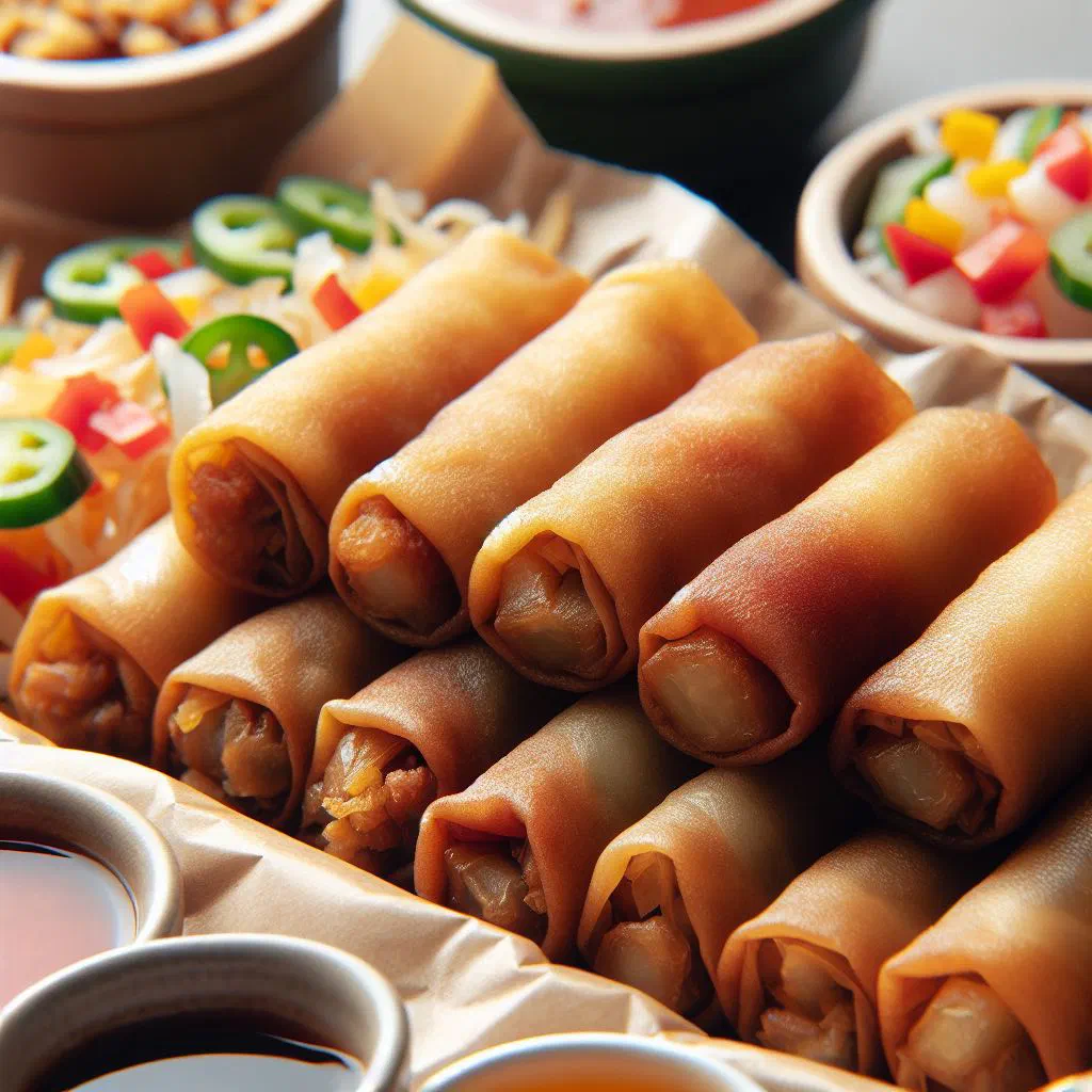 Crispy golden Lumpiang Shanghai spring rolls served with a dipping sauce