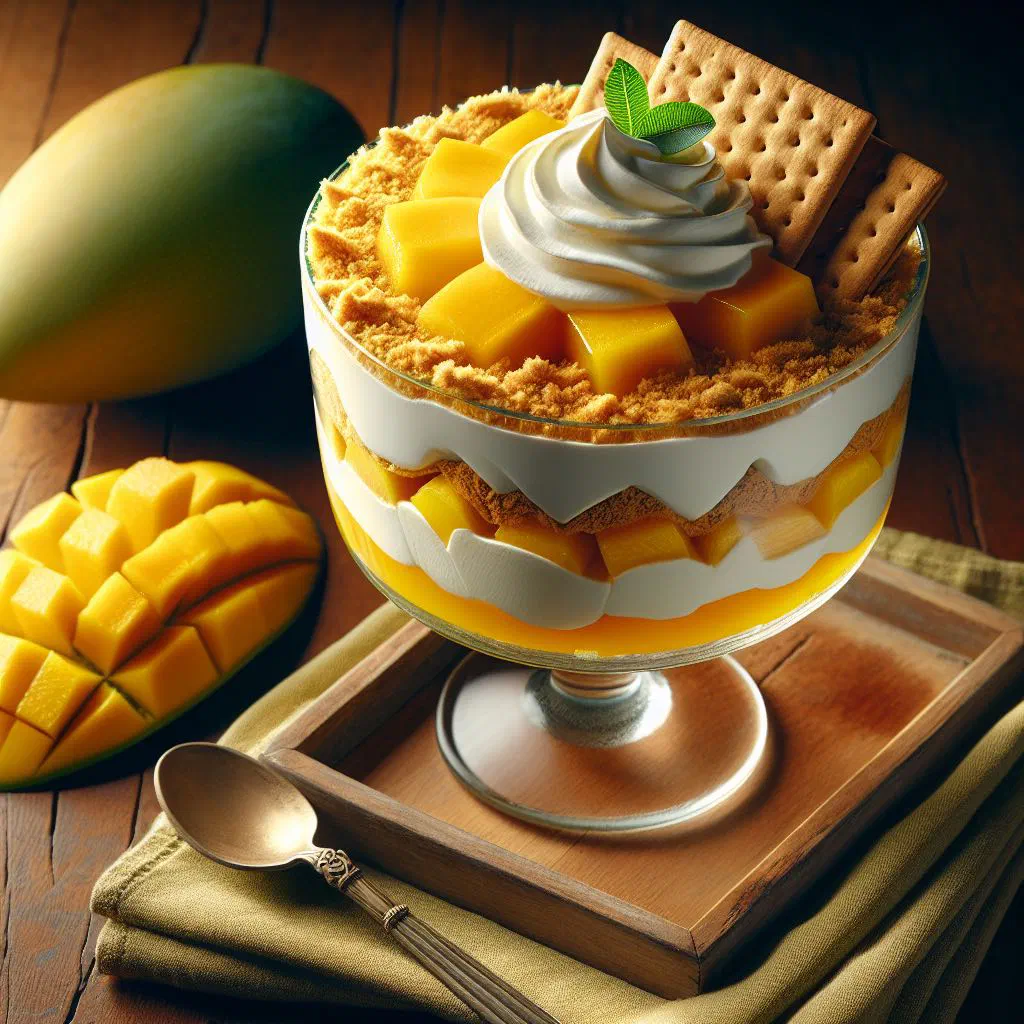 Layered mango float with cream, biscuits and fresh mango slices