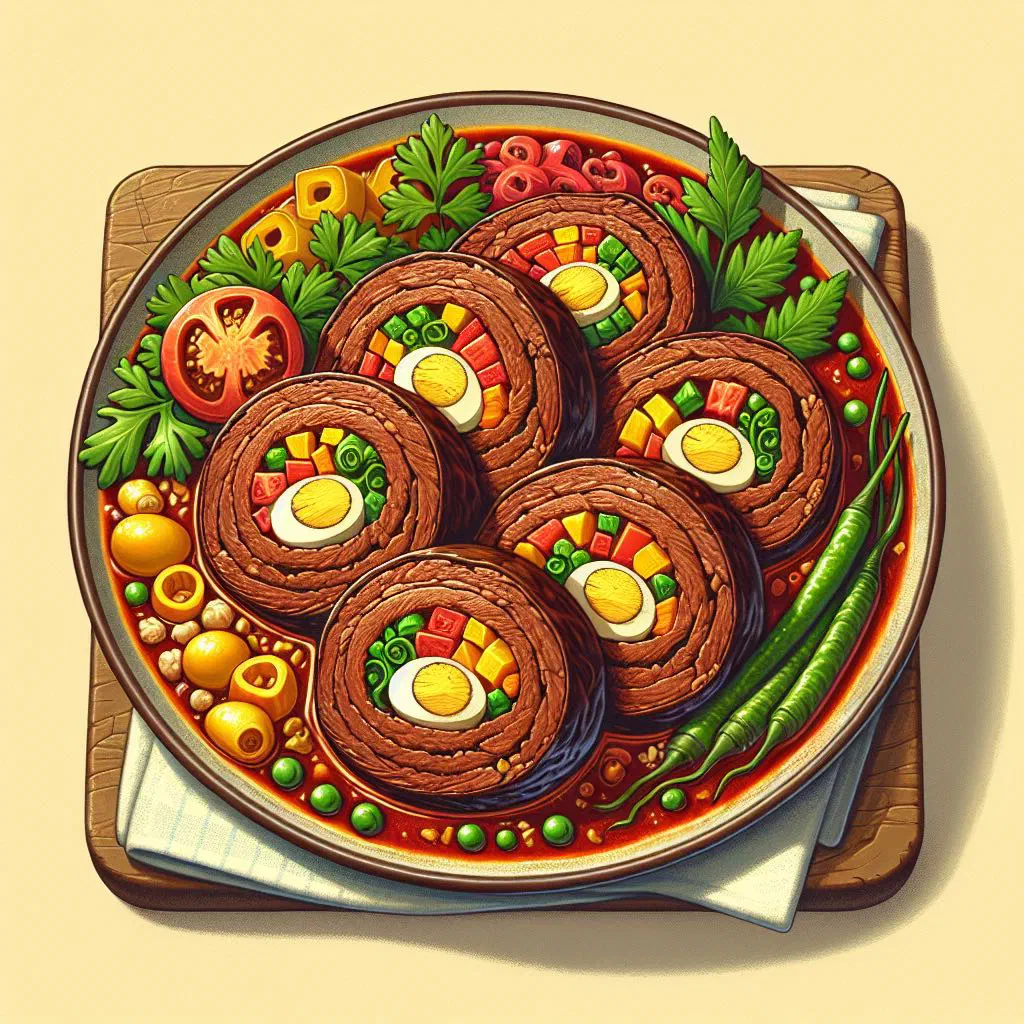 Sliced Filipino morcon beef roll with egg and vegetable filling in a rich sauce