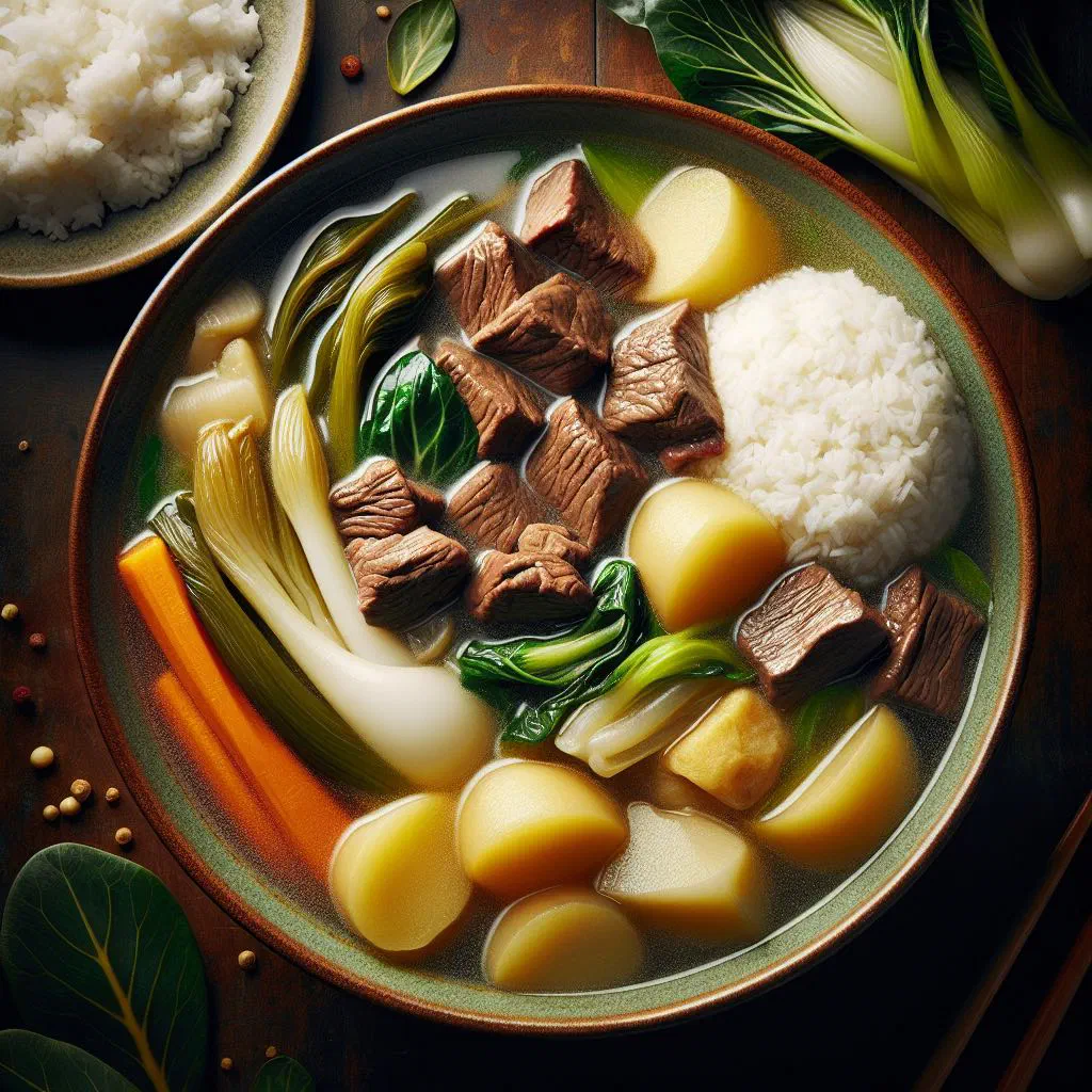 A steaming bowl of nilaga with tender beef, corn and vegetables in clear broth