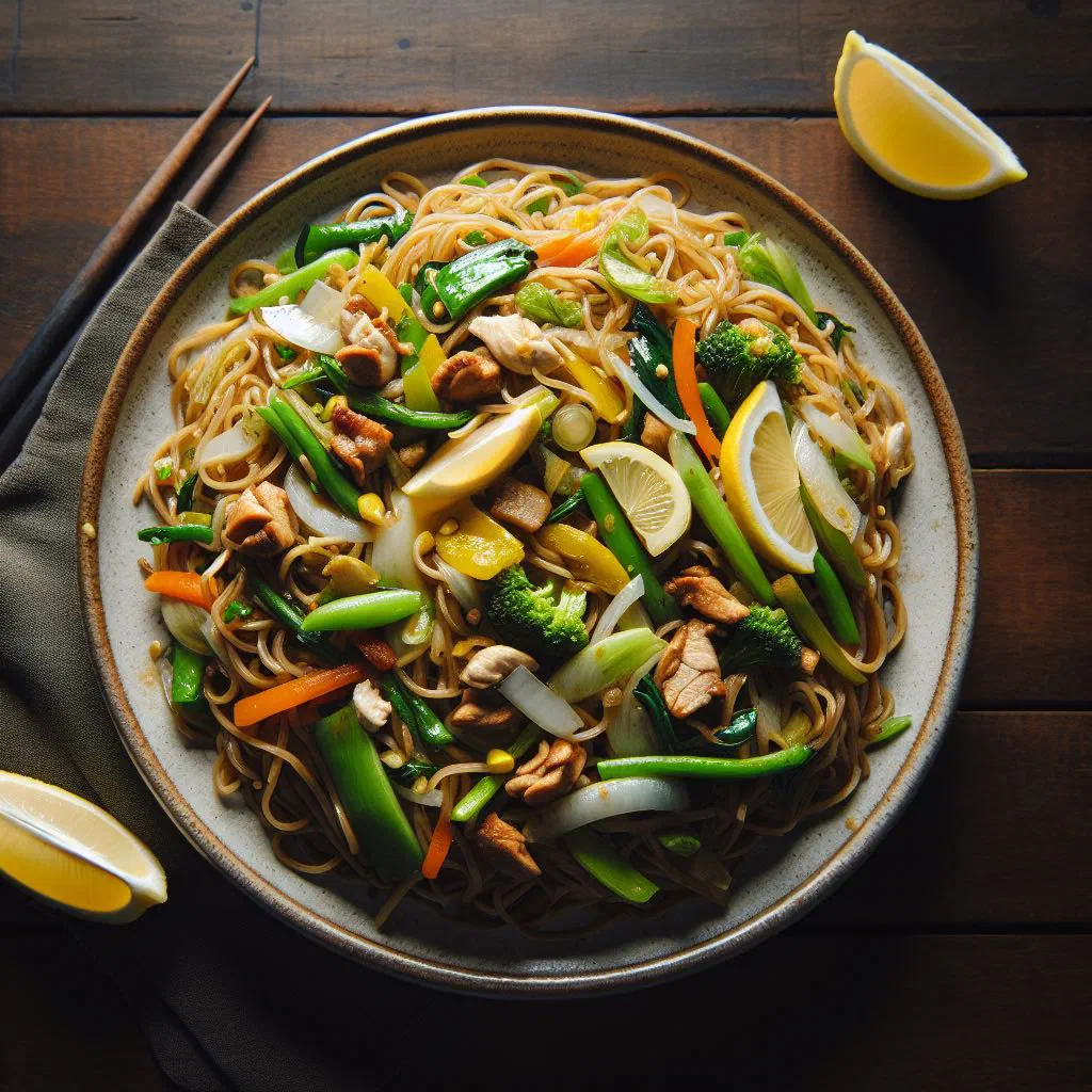 Pancit bihon rice noodles with chicken, carrots and green beans
