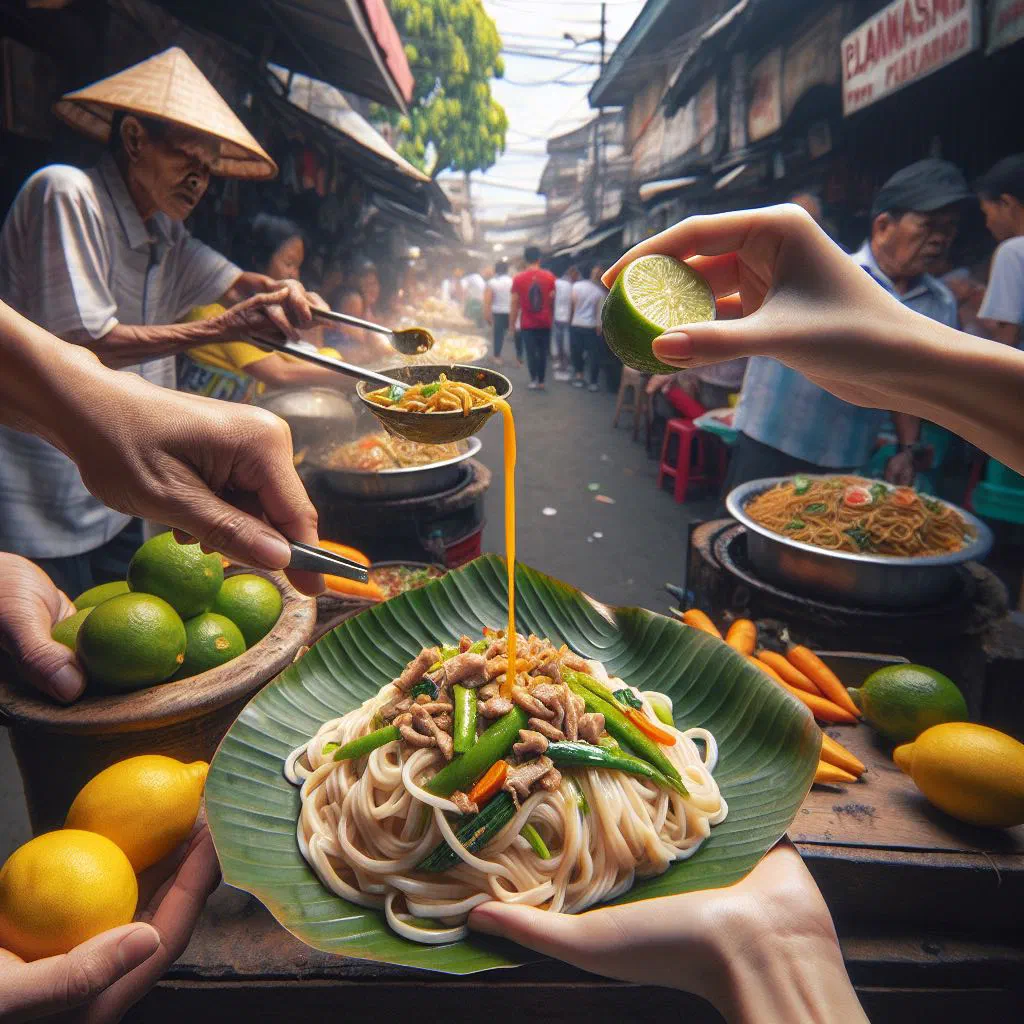 Pancit habhab Lucban noodles served on a banana leaf with vegetables