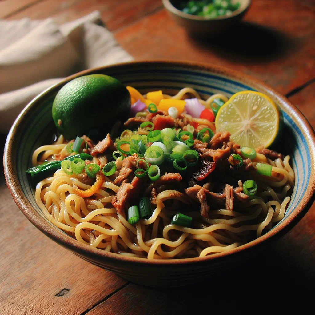 Bowl of Pancit Lomi with thick noodles, meat and vegetables in a savoury broth