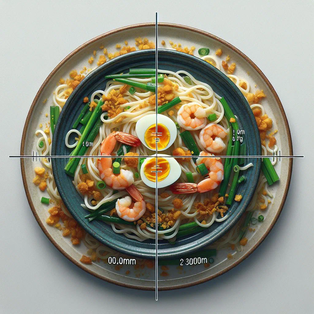 Pancit luglug with rice noodles, prawns and vegetables on a plate