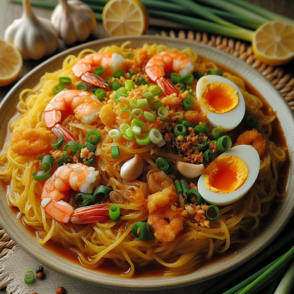 Pancit palabok noodles topped with prawns, sliced egg and spring onions
