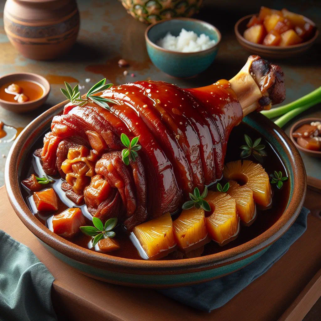 Pata Hamonado pork hock glazed in sweet pineapple and soy sauce served with rice