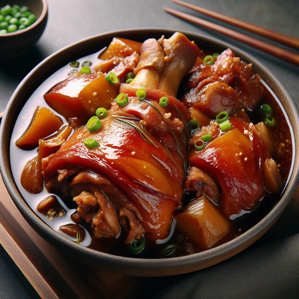 Braised pork hock pata tim in a glossy dark sauce, garnished with fresh coriander