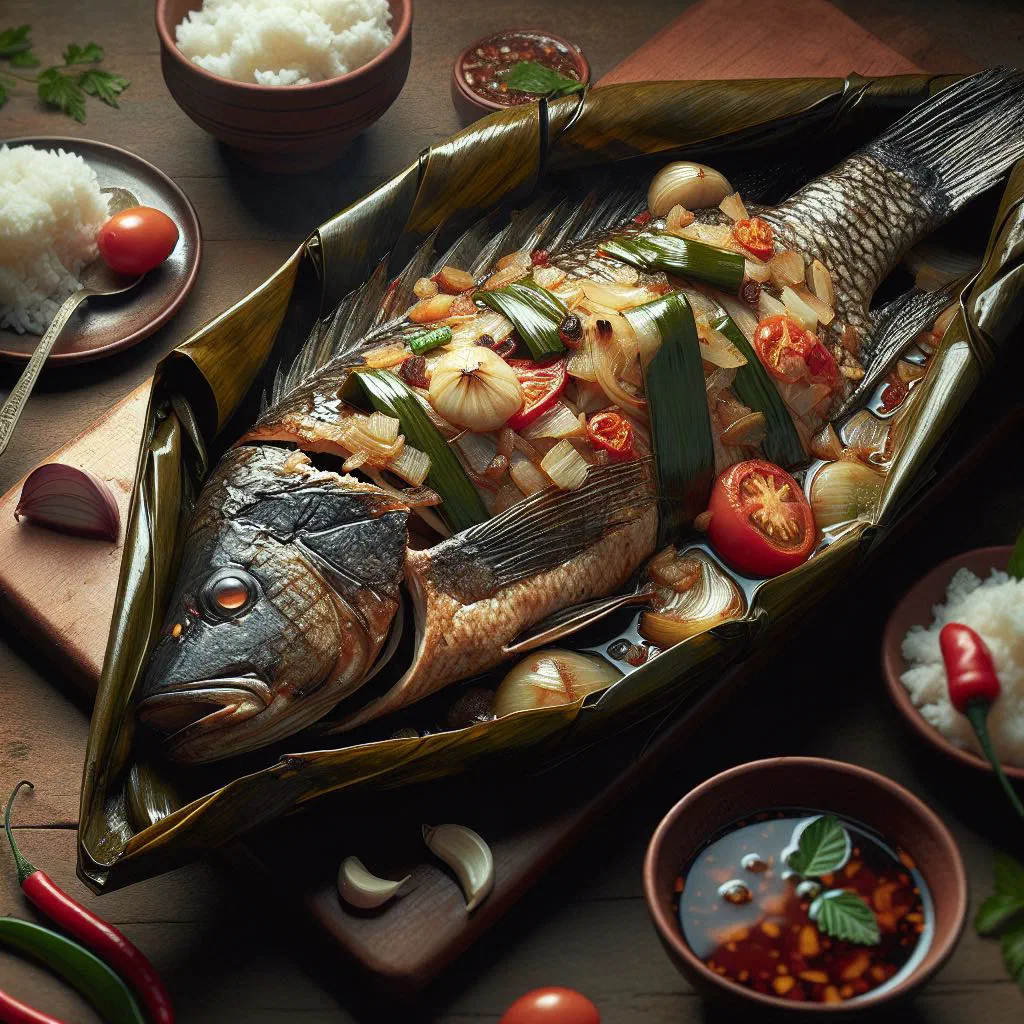 Steamed tilapia wrapped in banana leaves with fresh herbs