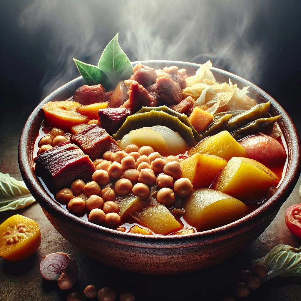 Filipino pochero beef and vegetable stew in a bowl with broth