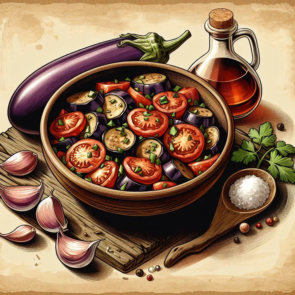 Poqui poqui with grilled aubergine and scrambled eggs in a bowl