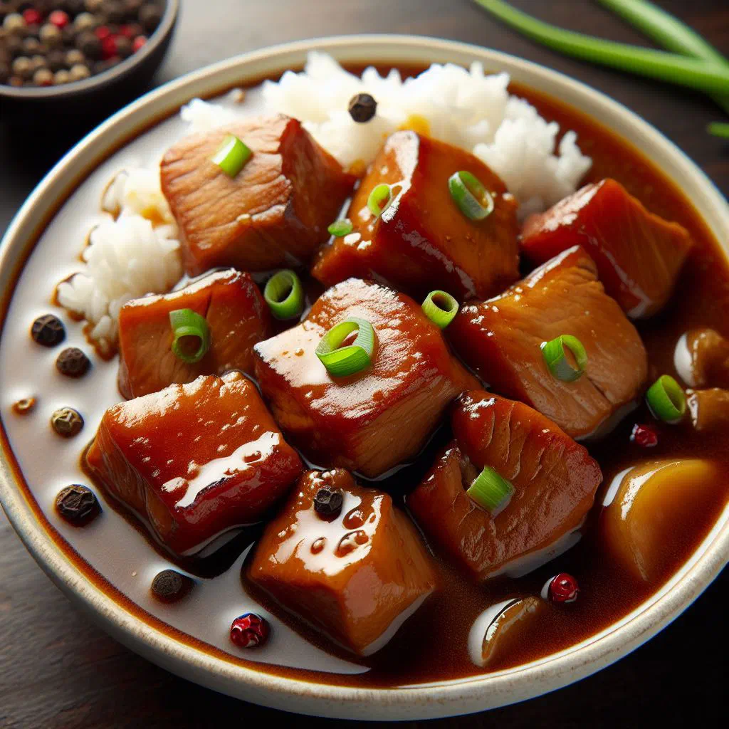 Pork humba braised pork belly in a glossy soy-vinegar sauce served with rice