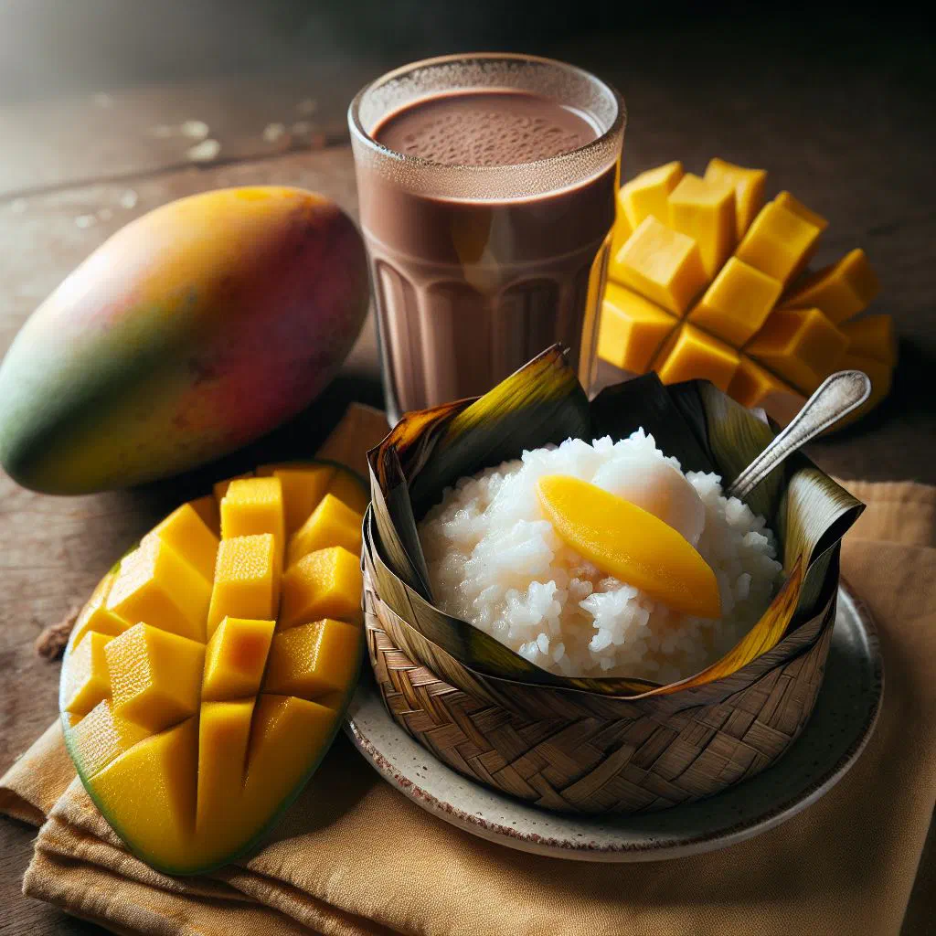 Steamed glutinous rice puto maya served with ripe mango slices and coconut milk