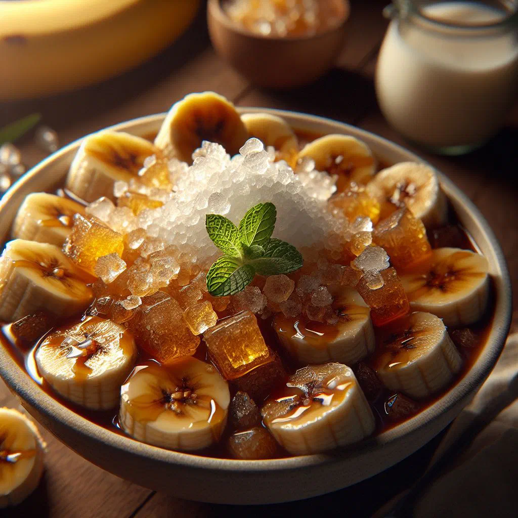 Bowl of saging con yelo with sliced banana, cold milk and crushed ice