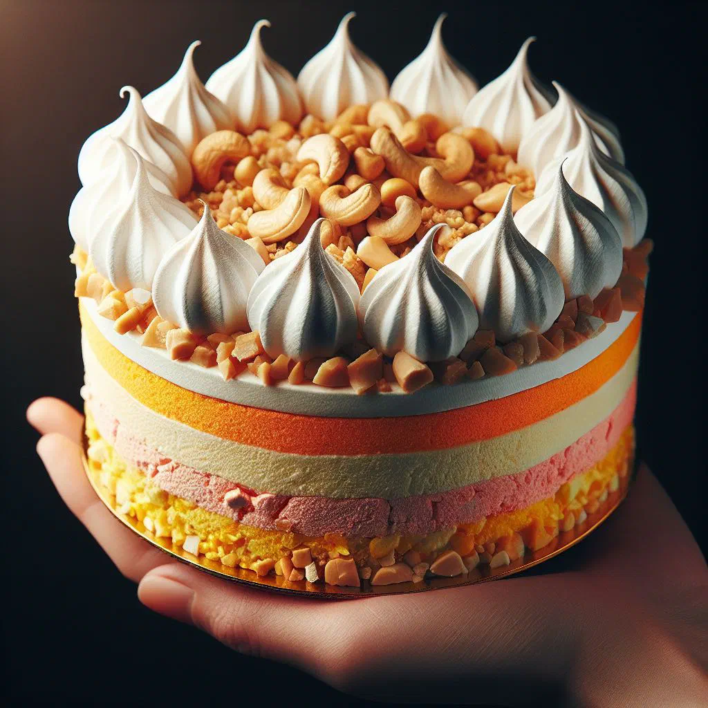 Sliced sans rival cake with cashew meringue layers and buttercream