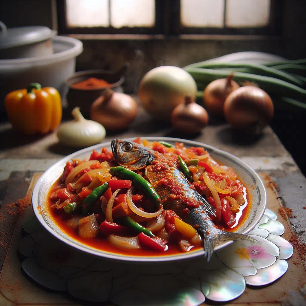Sarsiado with eggs simmered in a tomato sauce, garnished with fresh coriander