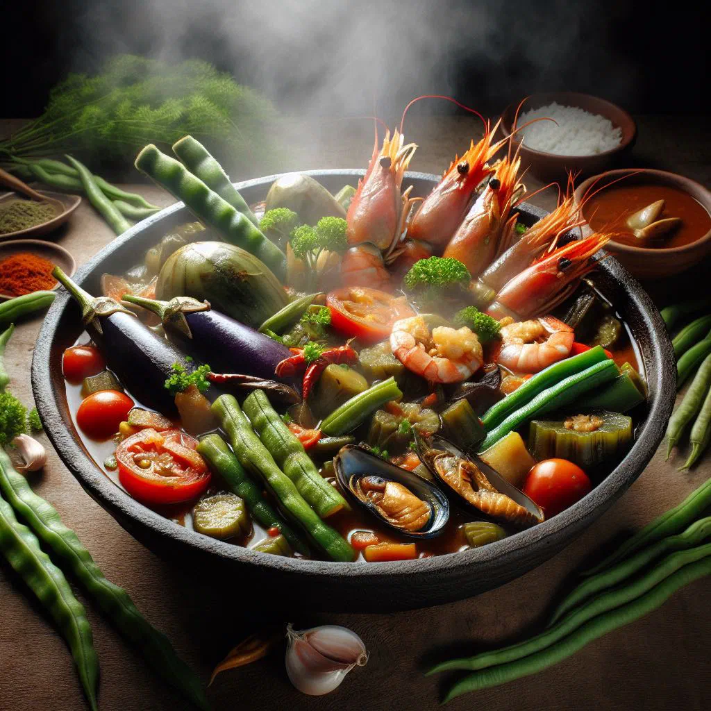 Seafood pinakbet with prawns, bitter gourd and aubergine in a savoury sauce