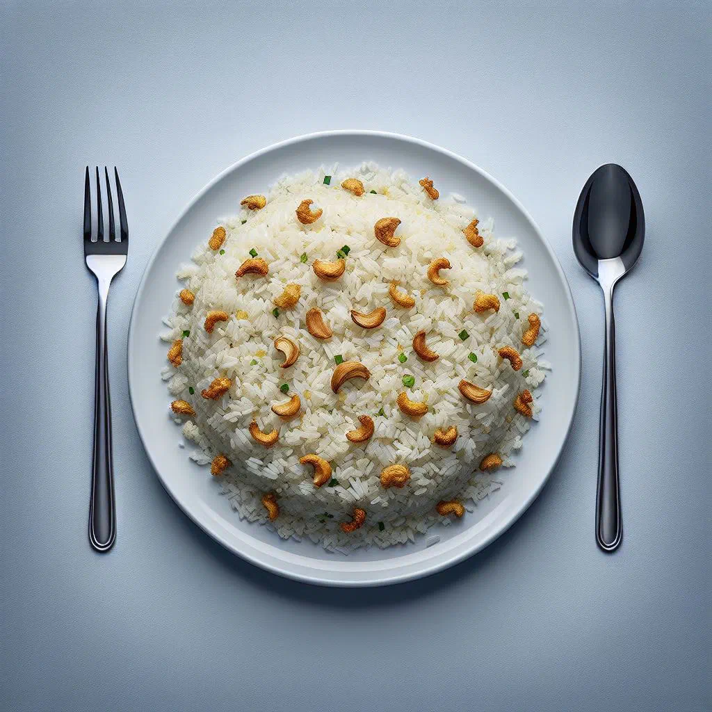 Filipino sinangag garlic fried rice topped with crisp garlic and spring onions