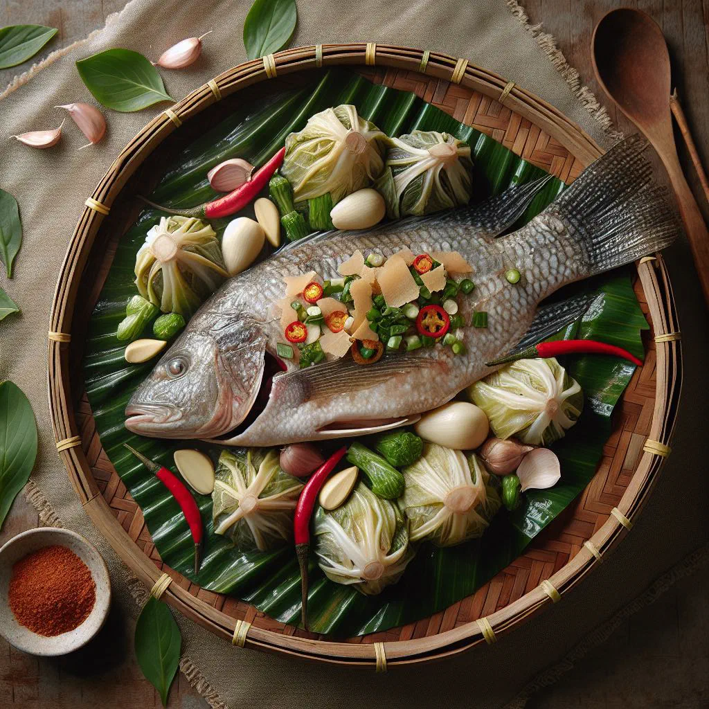 Whole stuffed tilapia simmered in a fragrant vegetable broth, garnished with fresh herbs