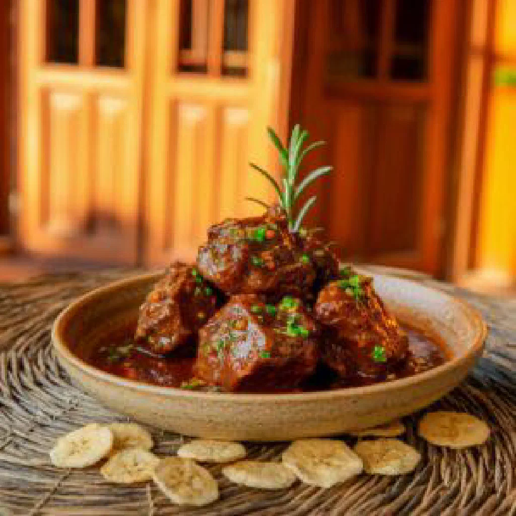 Filipino beef stew Sinarsahang Baka with vegetables in a bowl