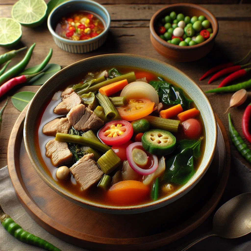 Bowl of sinigang na baboy pork stew in sour tamarind broth with vegetables