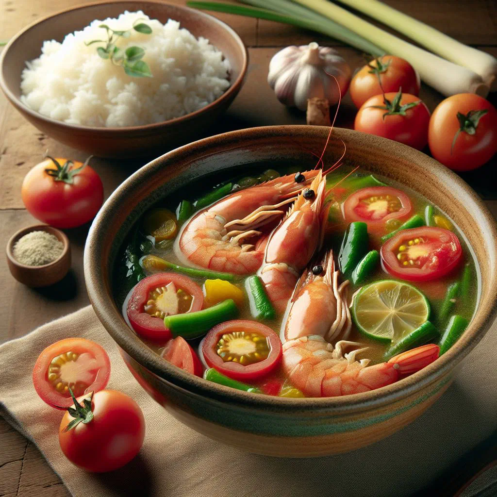 Bowl of sinigang na hipon, a sour Filipino prawn soup with vegetables